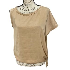 BCBG MAXAZRIA Women's Satin Cream Side-Tie One-Shoulder Top Blouse- XS Boho